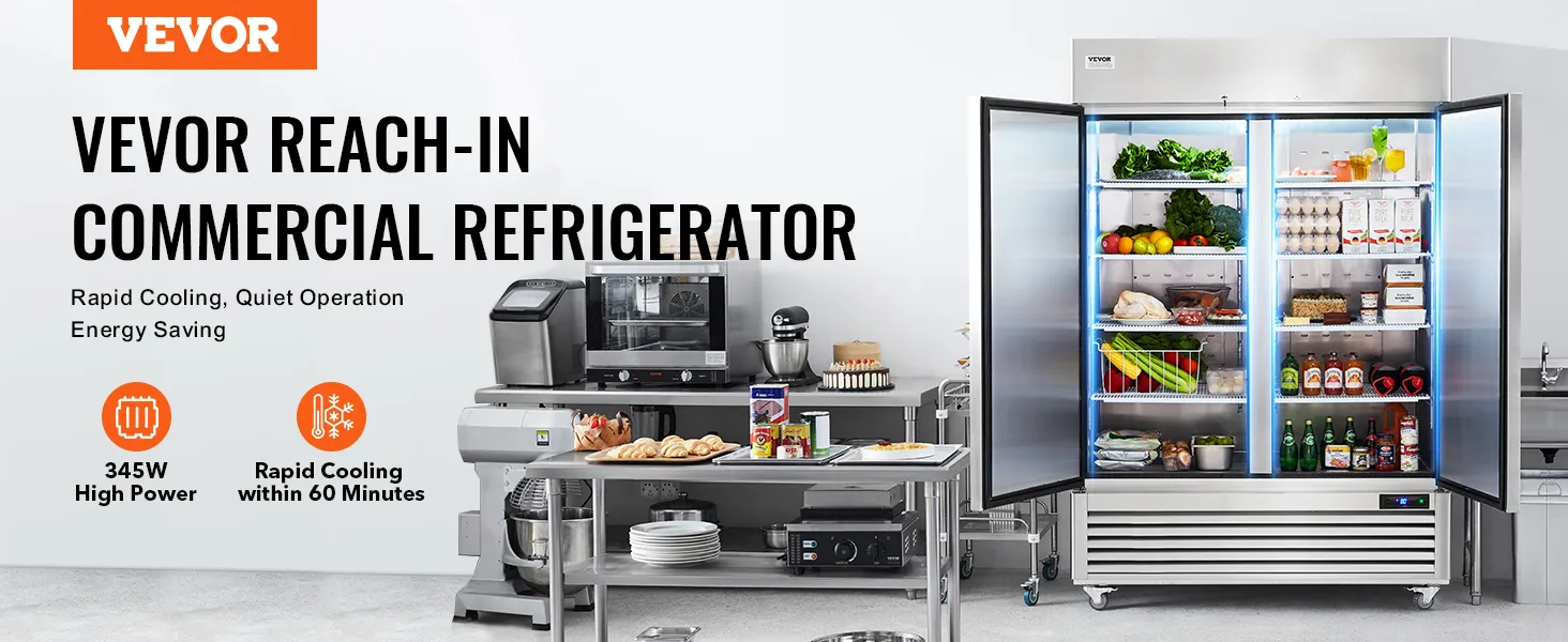 VEVOR commercial refrigerator in a kitchen with open doors showcasing organized food storage.