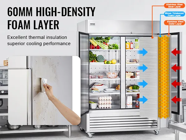 VEVOR commercial refrigerator in kitchen with 60mm high-density foam layer and stainless steel exterior.