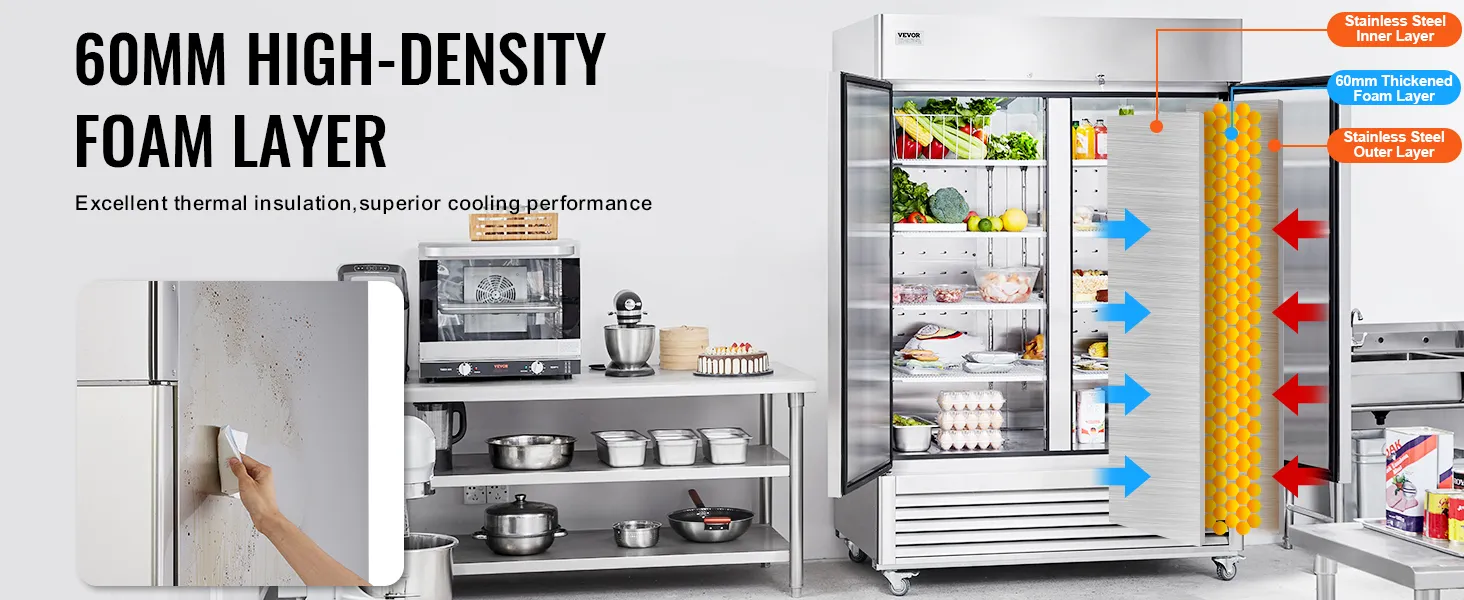VEVOR commercial refrigerator in kitchen with 60mm high-density foam layer and stainless steel exterior.