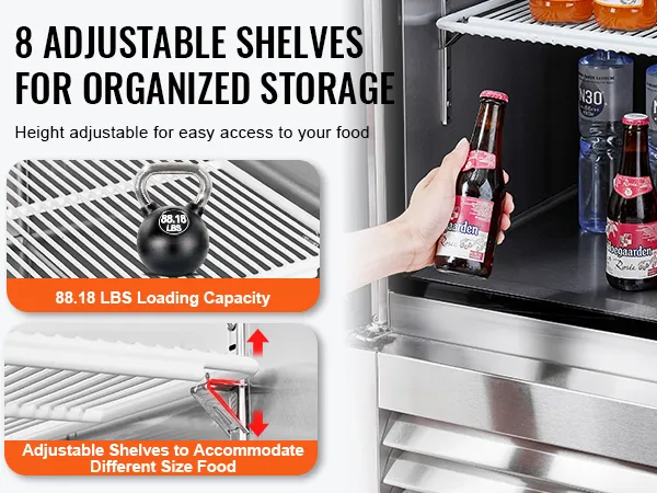 VEVOR commercial refrigerator with 8 adjustable shelves, 88.18 lbs load capacity, organized storage.