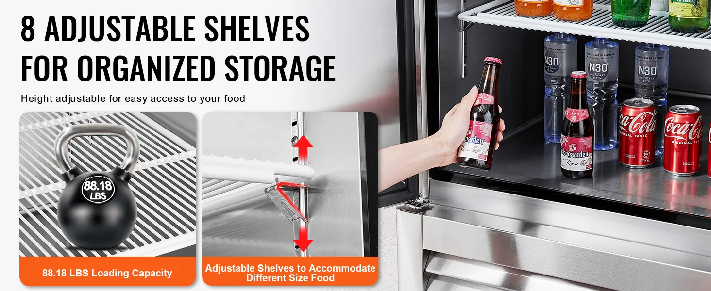 VEVOR commercial refrigerator with 8 adjustable shelves, 88.18 lbs load capacity, organized storage.