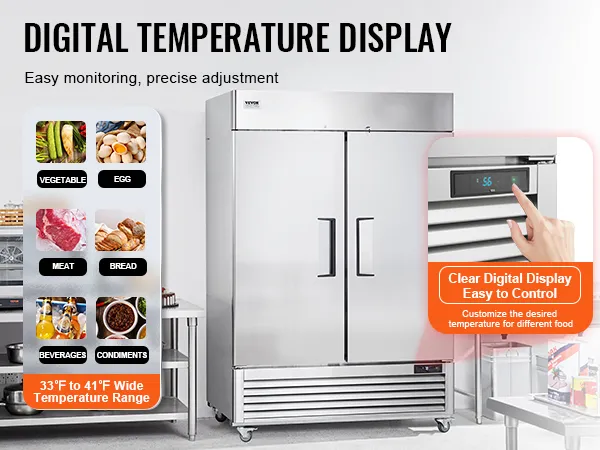 VEVOR commercial refrigerator with clear digital display for easy temperature control and wide storage options.