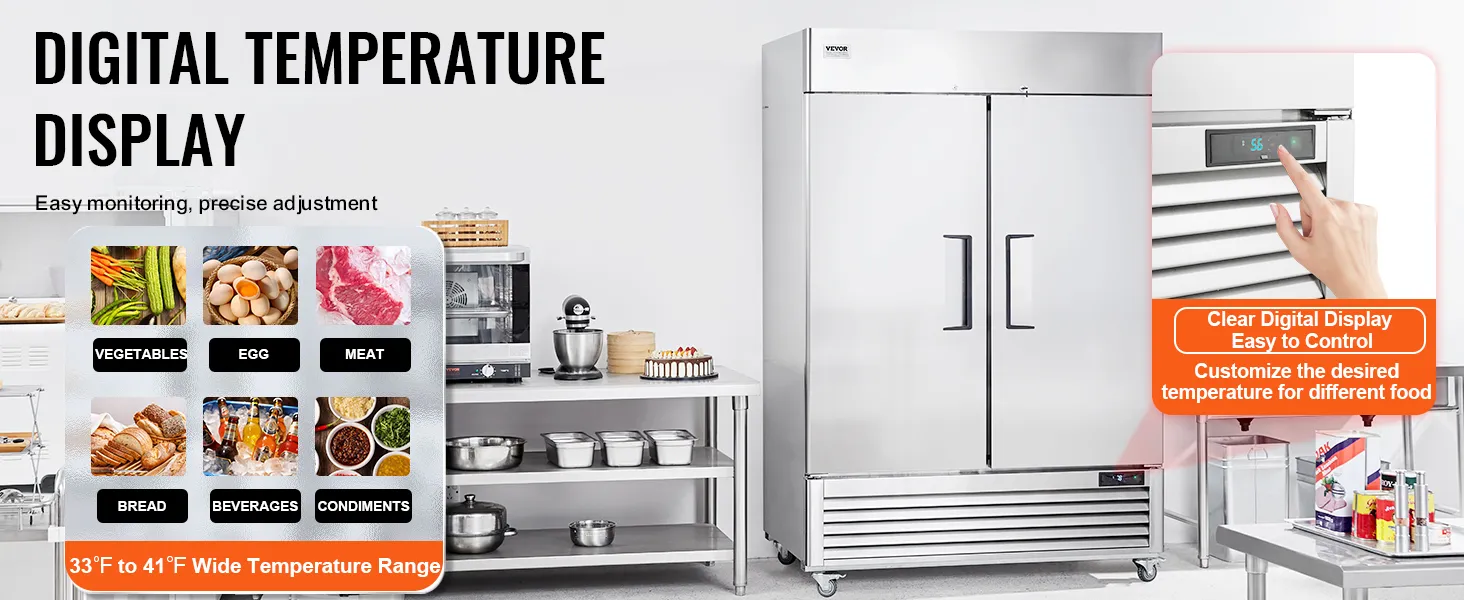 VEVOR commercial refrigerator with clear digital display for easy temperature control and wide storage options.