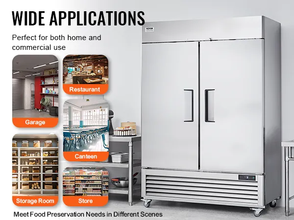 VEVOR commercial refrigerator in various settings: restaurant, canteen, store, garage, and storage room.