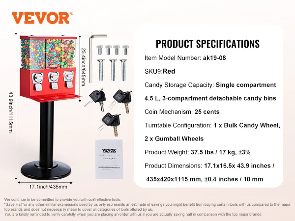 Especificaciones y accesorios de la máquina de chicles VEVOR con un diseño rojo de 3 compartimentos y dimensiones detalladas.