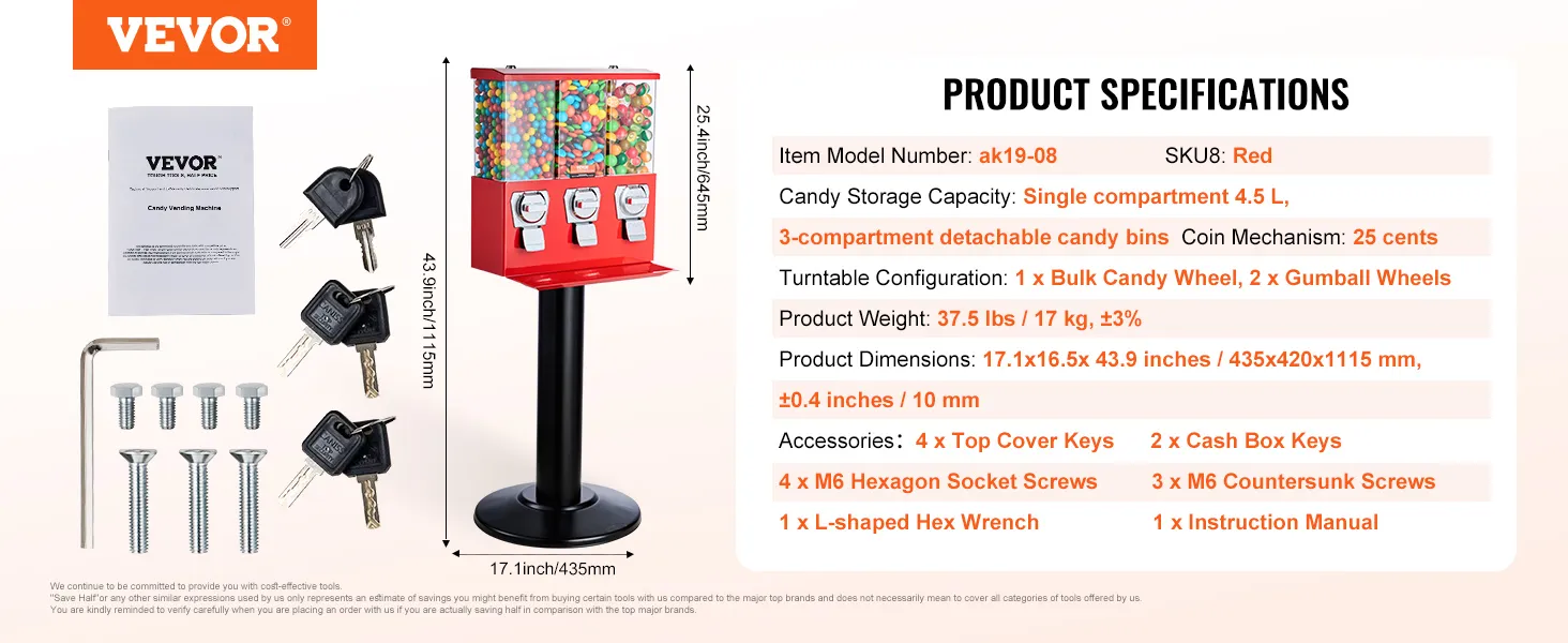 Especificaciones y accesorios de la máquina de chicles VEVOR con un diseño rojo de 3 compartimentos y dimensiones detalladas.