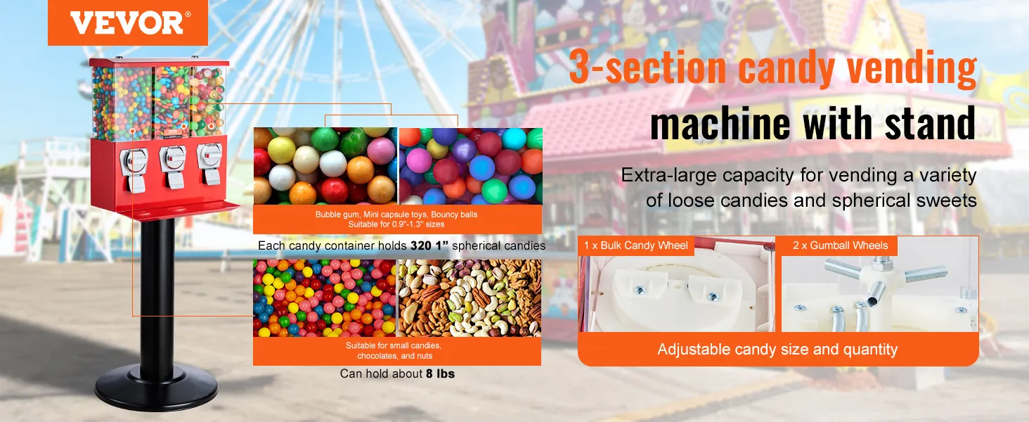 Máquina de chicles VEVOR con soporte, venta de dulces de 3 secciones, tamaño de dulces ajustable, admite hasta 8 libras.