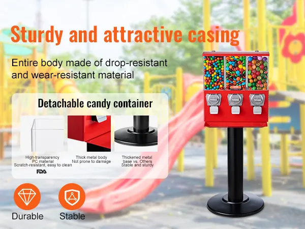 Máquina de chicles VEVOR con cuerpo duradero y resistente a caídas en un entorno de juegos, que exhibe dulces y funciones.