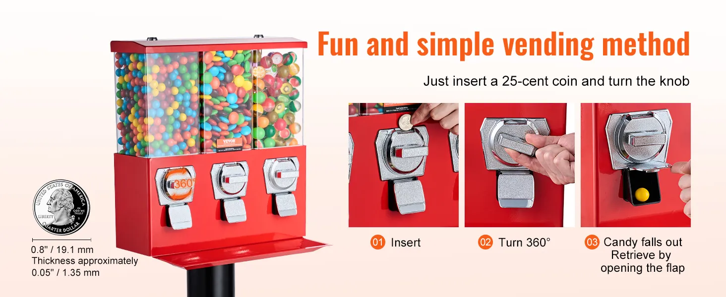 Máquina de chicles VEVOR con dulces de colores, ranura para monedas e instrucciones de uso.