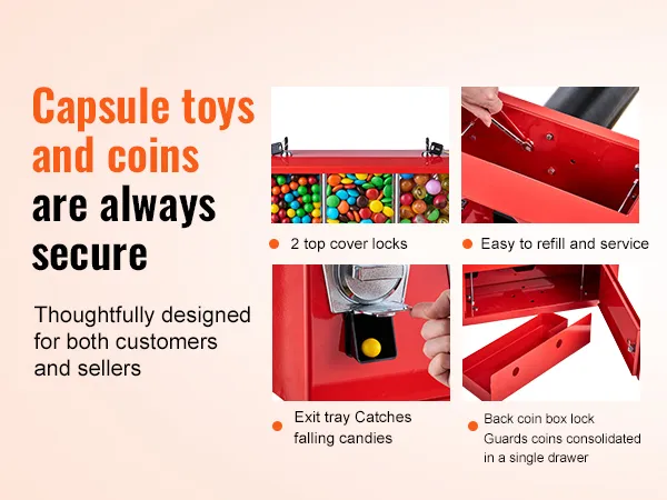Máquina de chicles VEVOR con cerraduras seguras, servicio de recarga fácil y bandeja de salida de dulces para empresas.