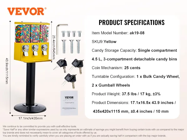 Máquina de chicles VEVOR con llaves, tornillos, llave hexagonal y manual de instrucciones, muestra especificaciones.