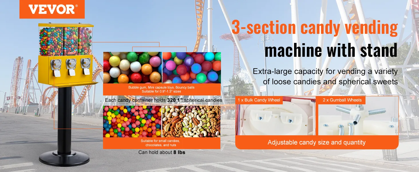 Máquina de chicles VEVOR: máquina expendedora de 3 secciones con soporte, capacidad para 320 caramelos, tamaño de caramelo ajustable.