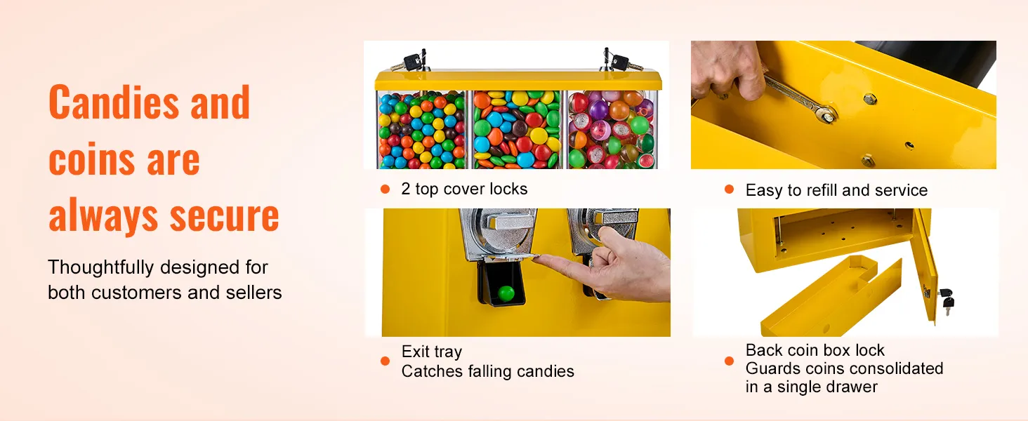 La máquina de chicles VEVOR cuenta con cerraduras seguras, fácil recarga, cerradura para depósito de monedas y bandeja de salida para dulces.