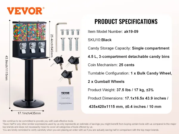 Máquina de chicles VEVOR con 3 compartimentos, llaves, llave hexagonal y tornillos. 43,9 pulgadas de alto, 4,5 l de capacidad.