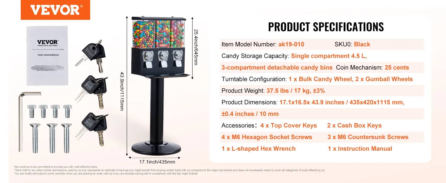 Máquina de chicles VEVOR con 3 compartimentos, llaves, llave hexagonal y tornillos. 43,9 pulgadas de alto, 4,5 l de capacidad.