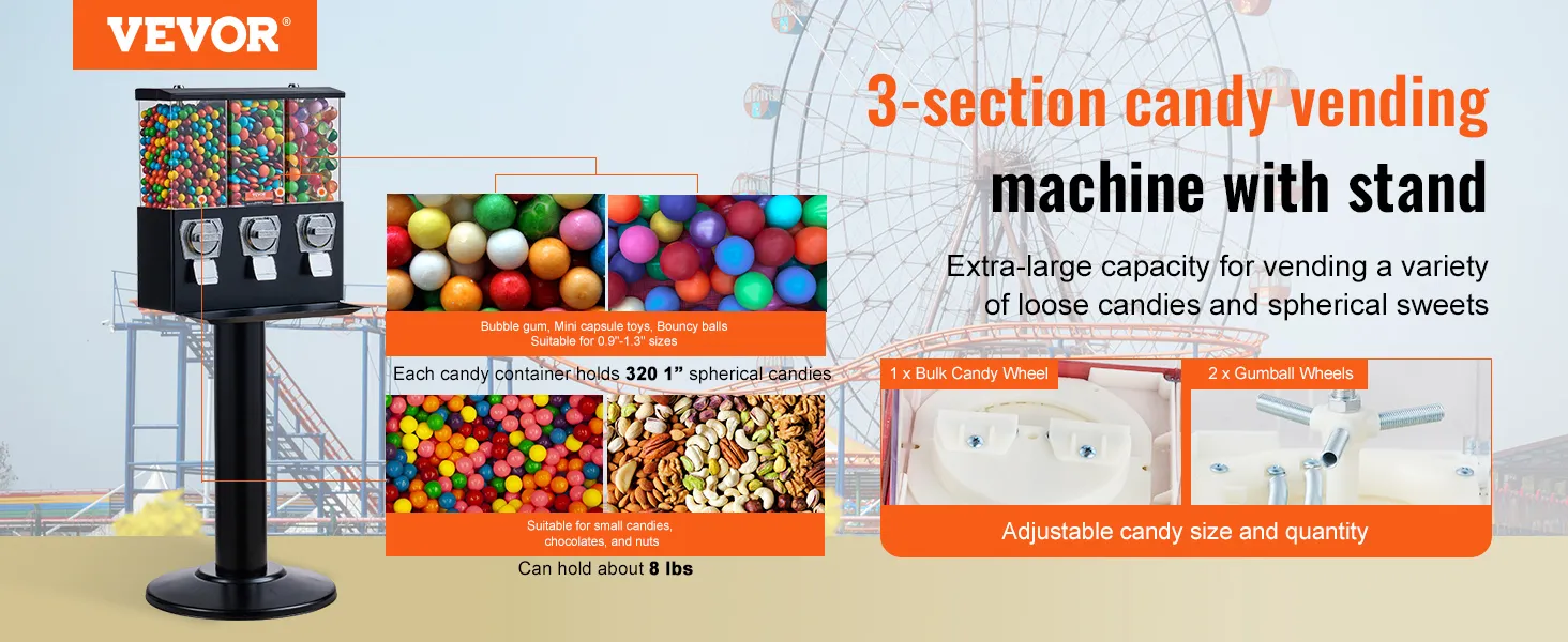 Máquina expendedora de chicles VEVOR, máquina expendedora de dulces de 3 secciones con soporte, admite varios dulces y chicles.