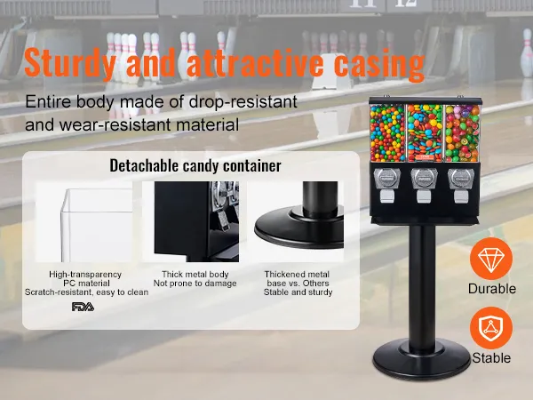 Máquina de chicles VEVOR con carcasa duradera resistente a caídas, contenedores de dulces desmontables y base de metal estable.