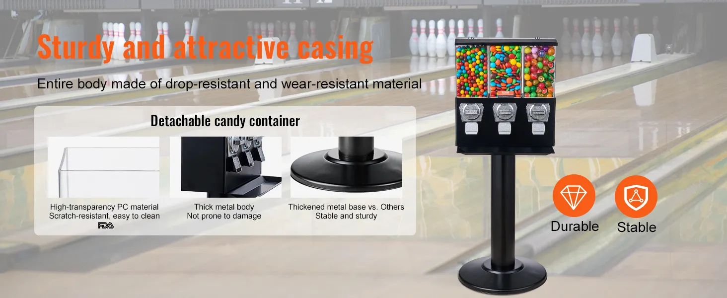 Máquina de chicles VEVOR con carcasa duradera resistente a caídas, contenedores de dulces desmontables y base de metal estable.