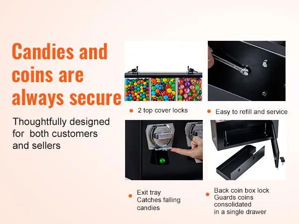 La máquina de chicles VEVOR cuenta con cerraduras seguras, fácil recarga, bandeja de salida de dulces y cerradura de caja de monedas trasera.