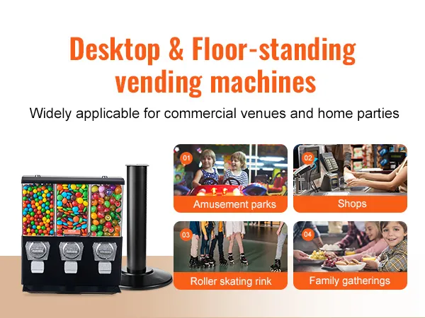Máquinas expendedoras de escritorio y de suelo para parques de atracciones, tiendas, pistas de patinaje y reuniones familiares.