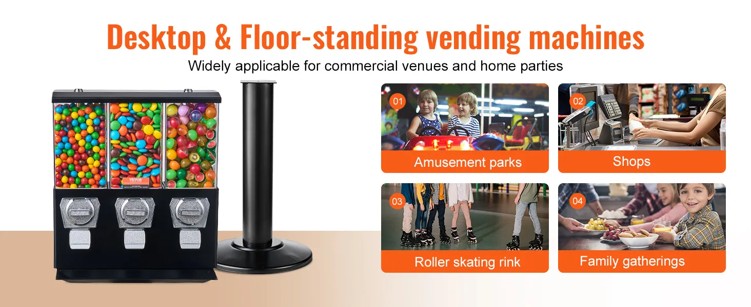 Máquinas expendedoras de escritorio y de suelo para parques de atracciones, tiendas, pistas de patinaje y reuniones familiares.