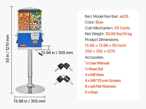 VEVOR gumball machine with 4-compartment candy bins, 25-cent coin mechanism, and accessories included.