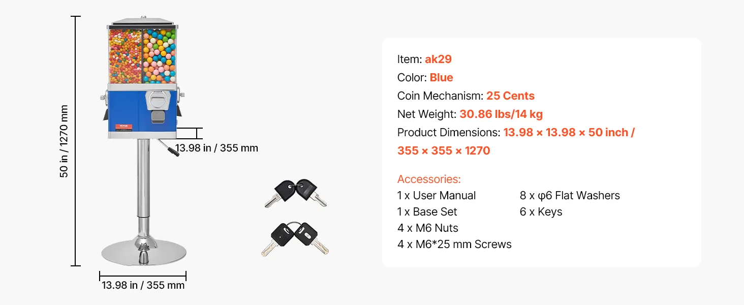 VEVOR gumball machine with 4-compartment candy bins, 25-cent coin mechanism, and accessories included.