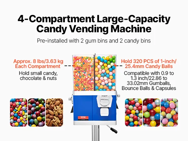 adjustable VEVOR gumball machine with candy container, metal base, suitable for children and adults.