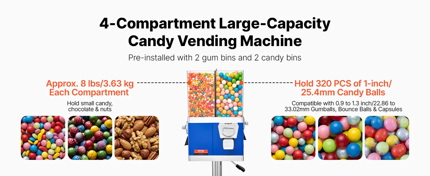 adjustable VEVOR gumball machine with candy container, metal base, suitable for children and adults.
