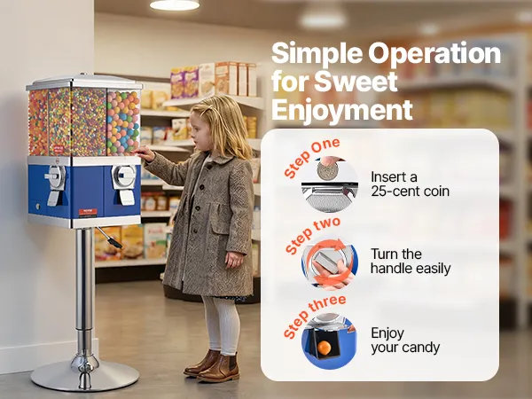 VEVOR gumball machine features top cover lock, easy refilling, exit chute for candies, and lockable coin drawer.