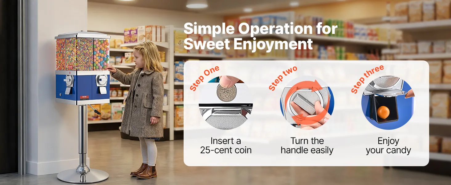 VEVOR gumball machine features top cover lock, easy refilling, exit chute for candies, and lockable coin drawer.