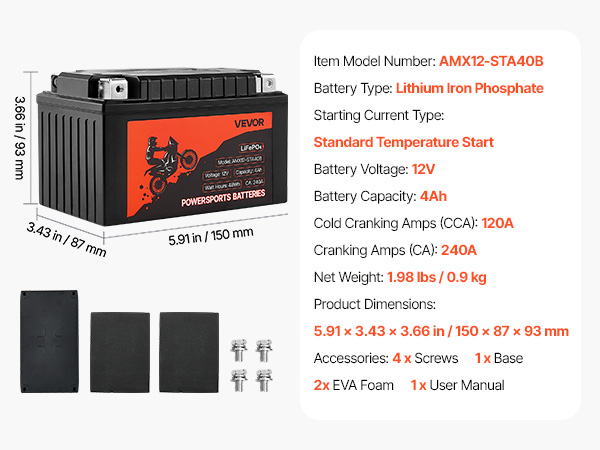 VEVOR 4Ah Battery 12V – LiFePO4 Battery, 1500 Charge Cycles