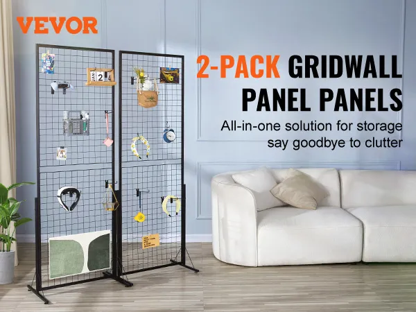 VEVOR 2-pack grid wall panels in a modern living room for versatile storage and organization.
