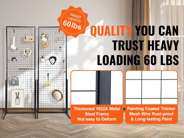 VEVOR grid wall panels showcasing high load capacity and durable metal frame with various hanging items.