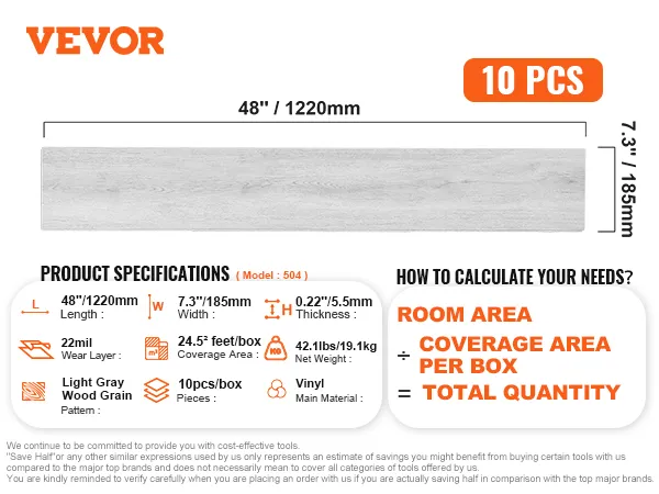 VEVOR vinyl floor tiles specs: 48"x7.3", 22mil wear layer, light gray wood grain, 24.5² feet/box, vinyl.