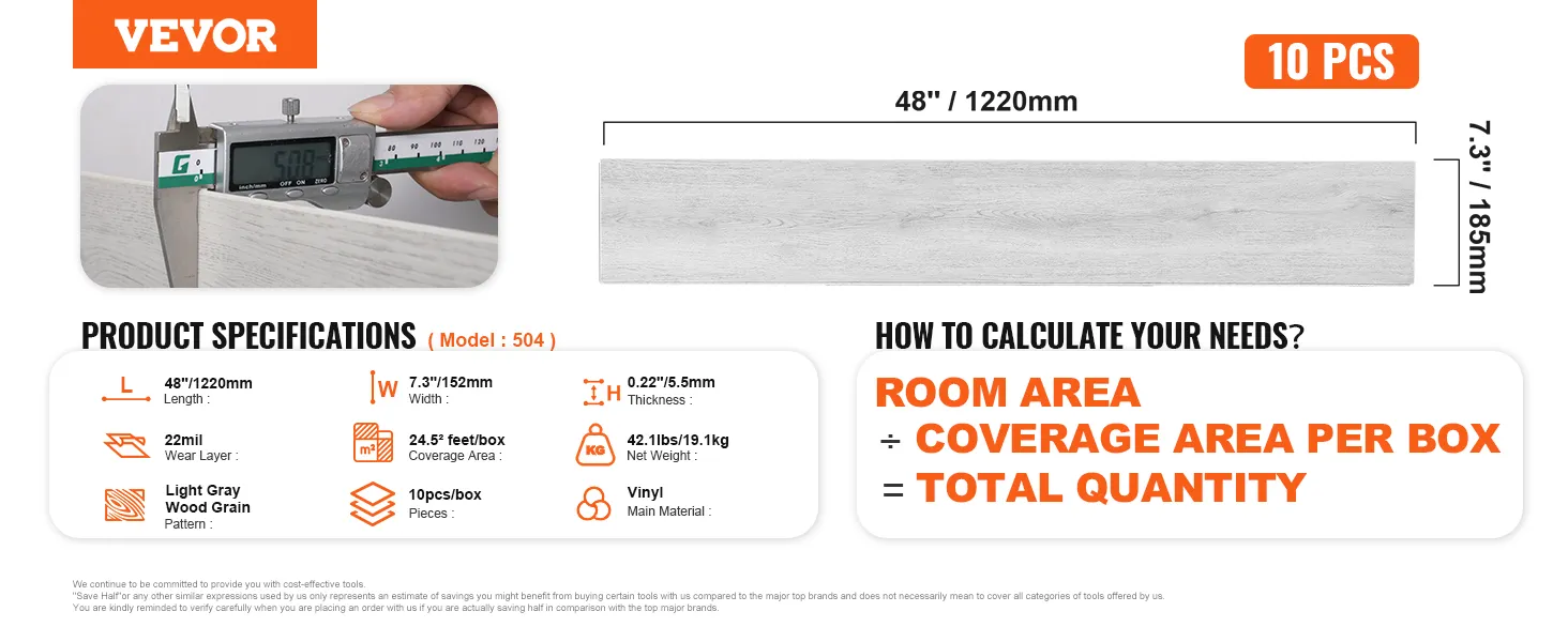 VEVOR vinyl floor tiles specs: 48"x7.3", 22mil wear layer, light gray wood grain, 24.5² feet/box, vinyl.