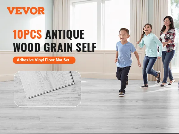 VEVOR vinyl floor tiles; 10pcs antique wood grain self-adhesive floor mat set in a bright, modern living room.