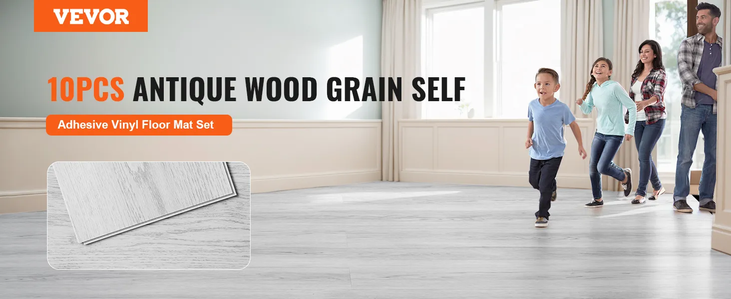 VEVOR vinyl floor tiles; 10pcs antique wood grain self-adhesive floor mat set in a bright, modern living room.