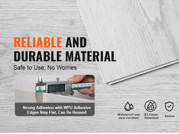 VEVOR vinyl floor tiles, strong adhesion, wpu adhesive, waterproof, flame-retardant, secure.