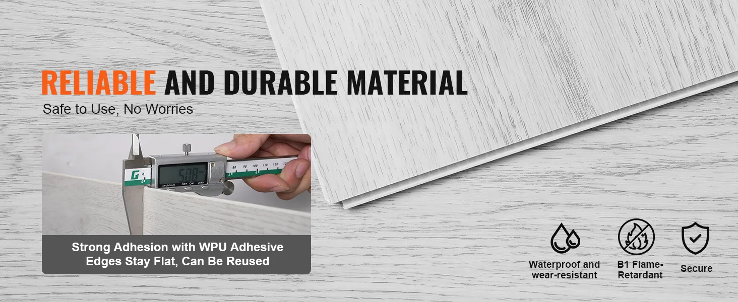 VEVOR vinyl floor tiles, strong adhesion, wpu adhesive, waterproof, flame-retardant, secure.