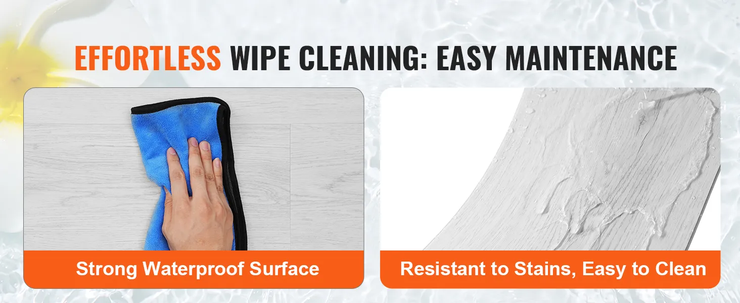 effortless wipe cleaning of VEVOR vinyl floor tiles with strong waterproof surface, stain-resistant, easy to clean.