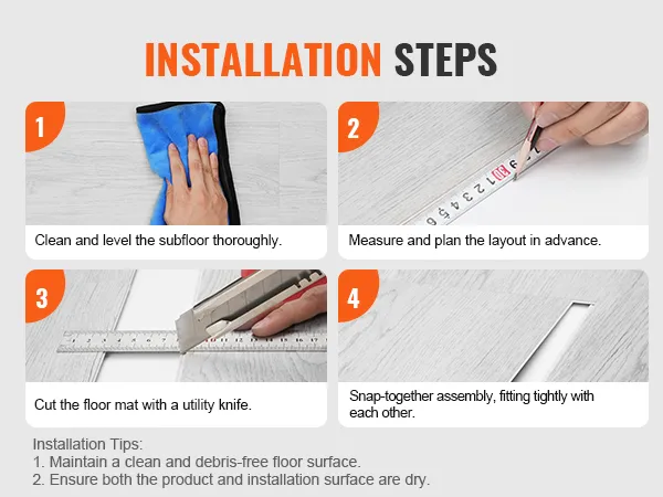 installation steps for VEVOR vinyl floor tiles: clean subfloor, measure layout, cut tiles, snap together.