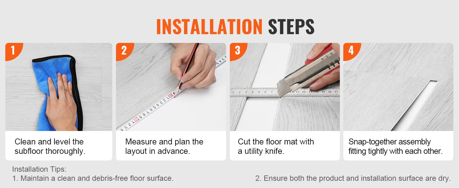 installation steps for VEVOR vinyl floor tiles: clean subfloor, measure layout, cut tiles, snap together.