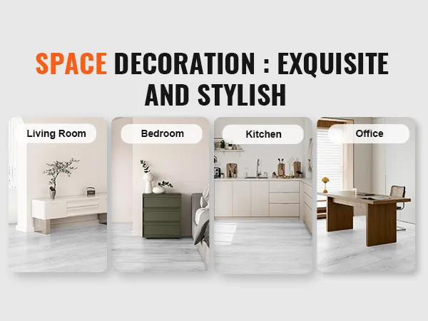 VEVOR vinyl floor tiles for stylish spaces: living room, bedroom, kitchen, and office.