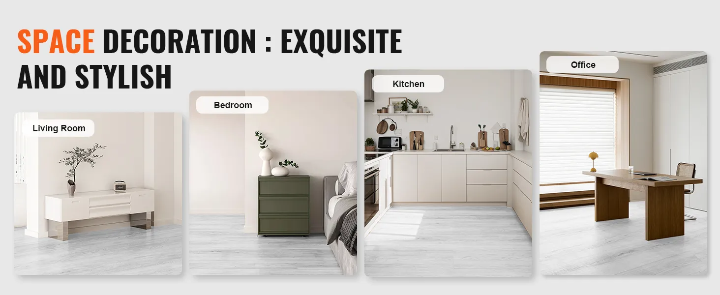 VEVOR vinyl floor tiles for stylish spaces: living room, bedroom, kitchen, and office.