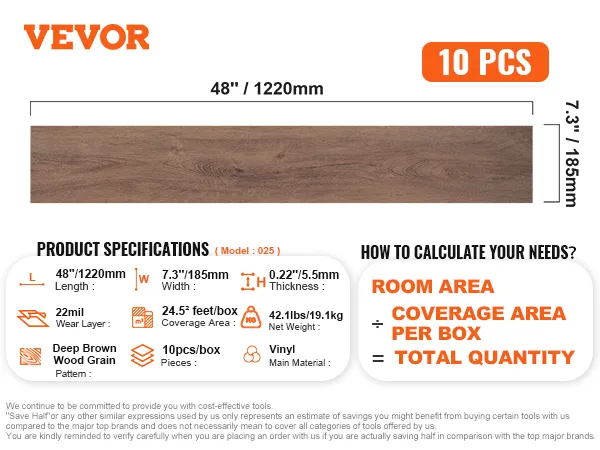 VEVOR vinyl floor tiles, 48''x7.3'', 10 pcs, deep brown wood grain, 22mil wear layer, 0.22'' thick.