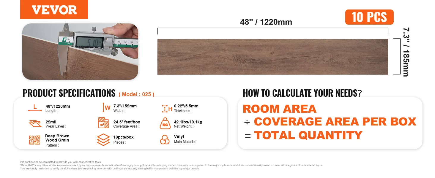 VEVOR vinyl floor tiles, 48''x7.3'', 10 pcs, deep brown wood grain, 22mil wear layer, 0.22'' thick.