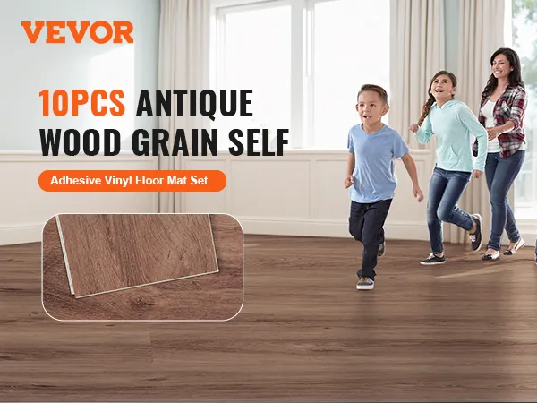 VEVOR vinyl floor tiles 10pcs antique wood grain self-adhesive set in a bright, spacious room.