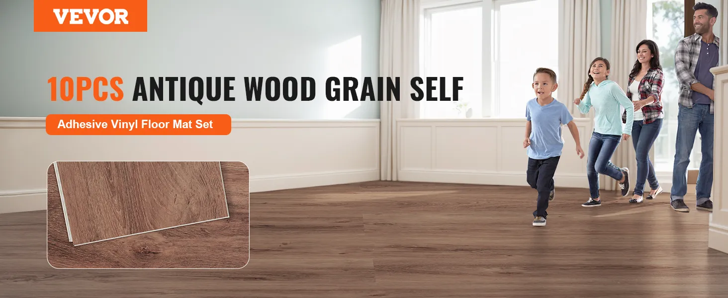 VEVOR vinyl floor tiles 10pcs antique wood grain self-adhesive set in a bright, spacious room.