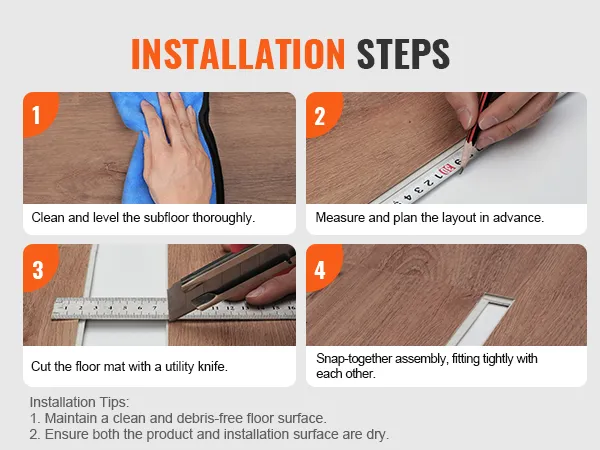 installation steps for VEVOR vinyl floor tiles: clean, measure, cut, and snap-together assembly.